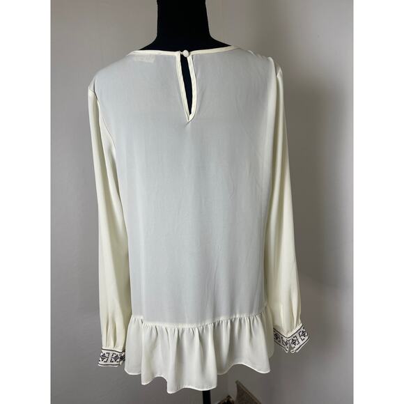 KLD Signature Women's Ruffle Hem Sequin Beaded Embroidered Sheer Blouses Cream L - Picture 2 of 13